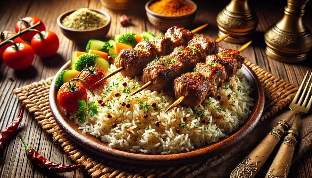 DALL·E 2024-11-12 10.52.04 - A delicious plate of rice and lamb kebab. The rice is perfectly cooked with a fragrant, fluffy texture, garnished with herbs and spices. The lamb keba